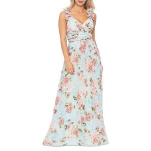 Betsy & Adam Womens Blue Chiffon Floral Ruffled Evening Dress Gown
NWT